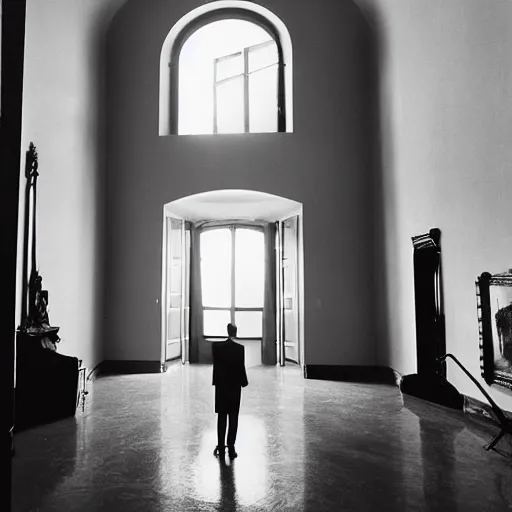 Image similar to Batman standing in giant Italian modern castle living room, clean minimalist design, that is 1300 feet tall, with very tall giant walls filled with modern art paintings, doors that are cosmic portals, photo by Annie Leibovitz