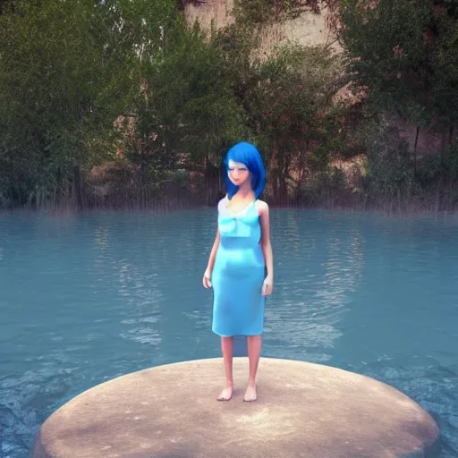 Prompt: a girl with blue hair is standing in the water, a 3 d render by lu ji, cg society contest winner, photorealism, daz 3 d, rendered in unreal engine, vray