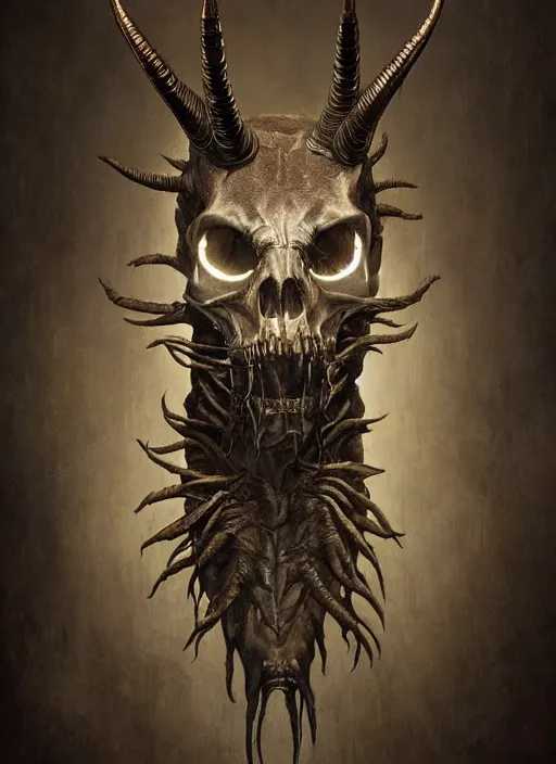 Image similar to portrait of realistic animal skull with long pointy alien horns, eerie glowing eyes, wall hanging trophy taxidermy, hyper realistic head, volumetric lighting, fantasy art, in the style of greg rutkowski, burne hogarth, intricate, alphonse mucha, hyper detailed, smooth