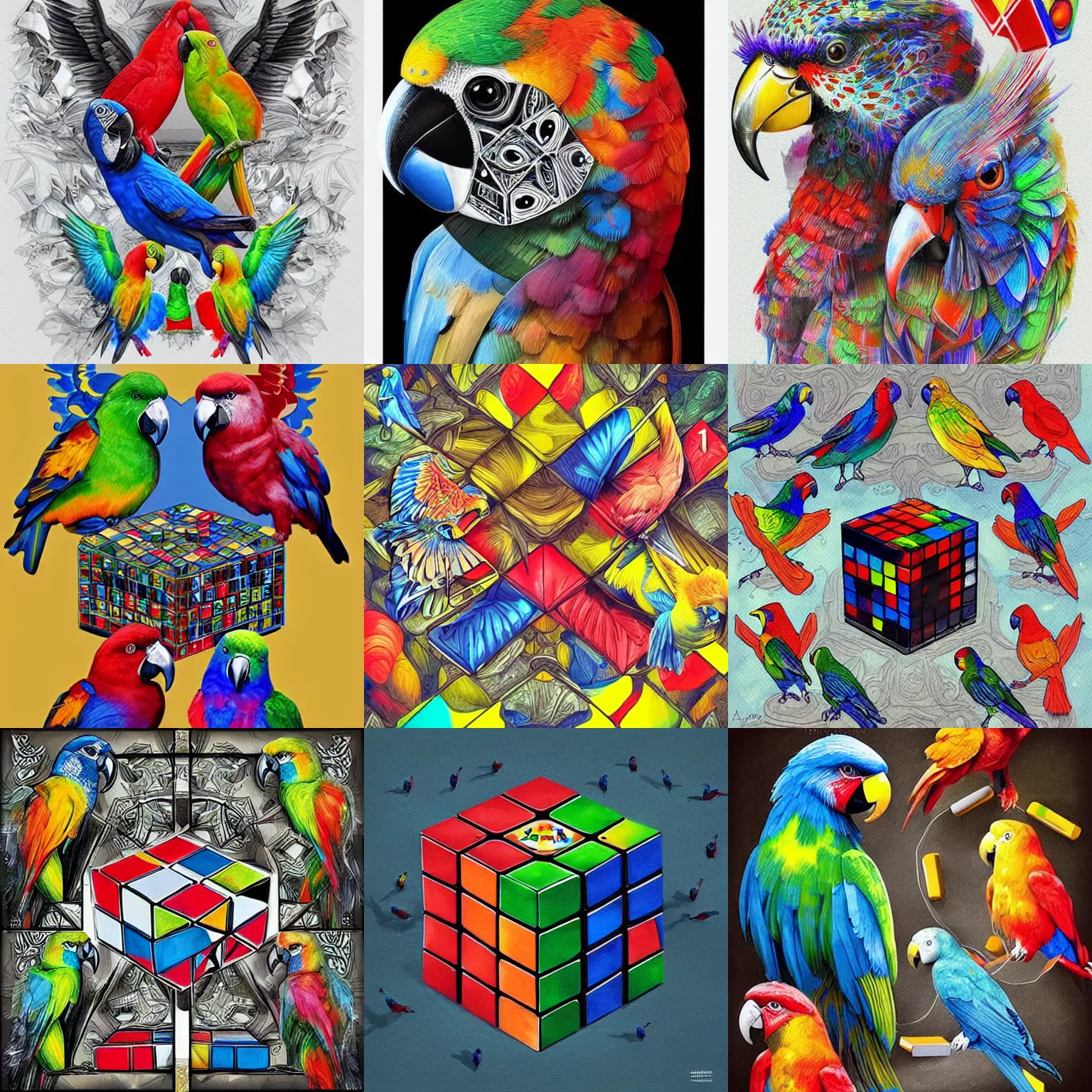 Prompt: A beautiful, detailed illustration of a Rubik's cube with parrots on each face. Digital watercolor painting by Artgerm, trending on ArtStation.