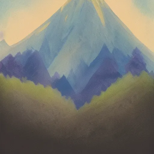 Prompt: a dark lonely mountain hidden in mist, surrounded by woods and rivers, mysterious haunting color painting