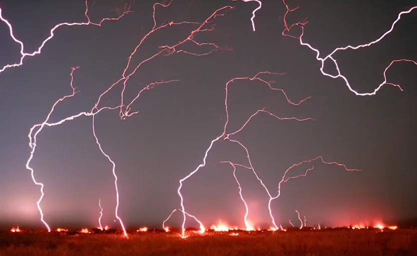 Image similar to red lightning bolts shoot from the ground, night, field, fire and smoke visible on the horizon, unsettling, 2005 photo