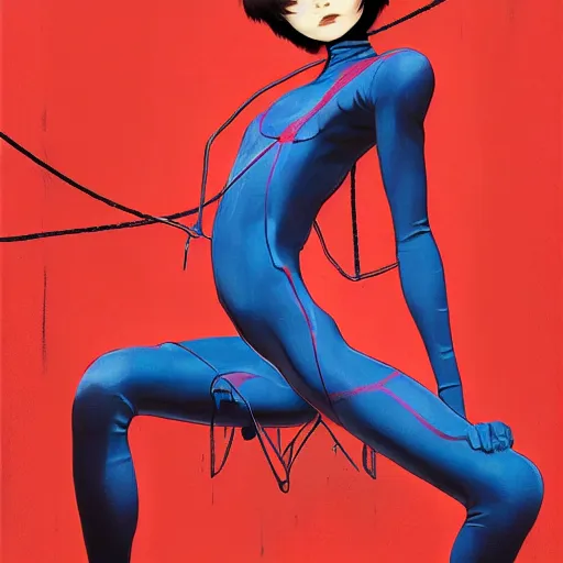 Image similar to thin androgynous girl with boy's body in catsuit. illustration by james jean and satoshi kon and erik jones, inspired by evangelion, smooth feature, intricate oil painting, high detail illustration, sharp high detail