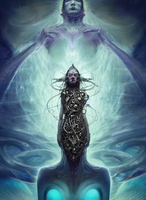 Prompt: epic portrait of menacing and agitated yet stunningly beautiful biomechanical djinn divine priest of creation overseeing the iridescent fabric of the universe, by charlie bowater, mandy jurgens, gustav klimt, octane render, dramatic camera angle, 4k, 8k, high detail, HDR, by tom bagshaw, powerful, with inspiration from Beksinski, inspired by greek goddess Athena