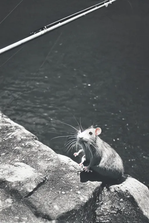 Image similar to 35mm photo of a rat holding a fishing pole at a riverbank, rat, fishing pole, water, well lit