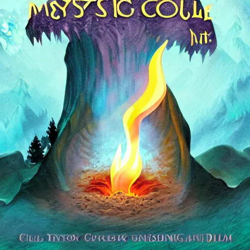 Image similar to book cover mystical cave, fire, crystals, water