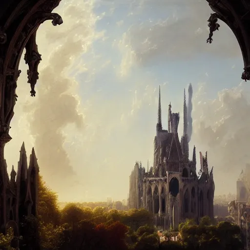 Prompt: semi cloudy day in gothic Paris , gargoyles flying in the air, old gothic French architecture, painting by Thomas Cole, award winning concept art, trending on Artstation, 8k, 4K