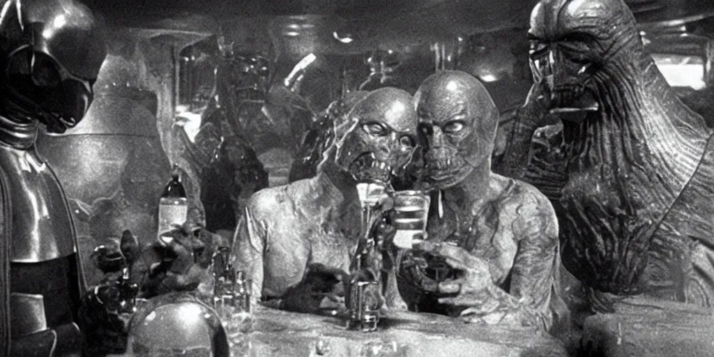 Image similar to still of two aliens having a drink in Mos Eisley Cantina in Star Wars (1977).