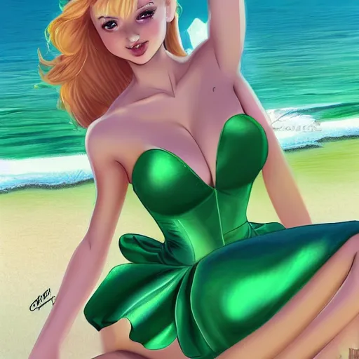 Image similar to beautiful tinkerbell in a skintight green satin prom dress on the beach drawn by artgerm