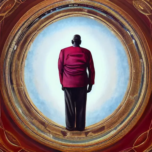 Image similar to a painting of a big wise elder from Kenya in a suit by Kehinde Wiley . dramatic angle, ethereal lights, details, smooth, sharp focus, illustration, realistic, cinematic, artstation, award winning, rgb , unreal engine, octane render, cinematic light, macro, depth of field, blur, red light and clouds from the back, highly detailed epic cinematic concept art CG render made in Maya, Blender and Photoshop, octane render, excellent composition, dynamic dramatic cinematic lighting, aesthetic, very inspirational, arthouse.