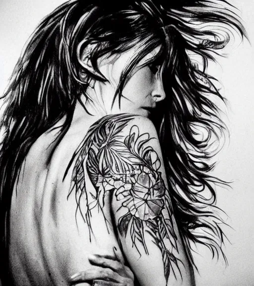 Image similar to tattoo design sketch of a beautiful woman portrait against a background of beautiful mountains and nature, hyper - realistic, in the style of den yakovlev, amazing detail, black and white