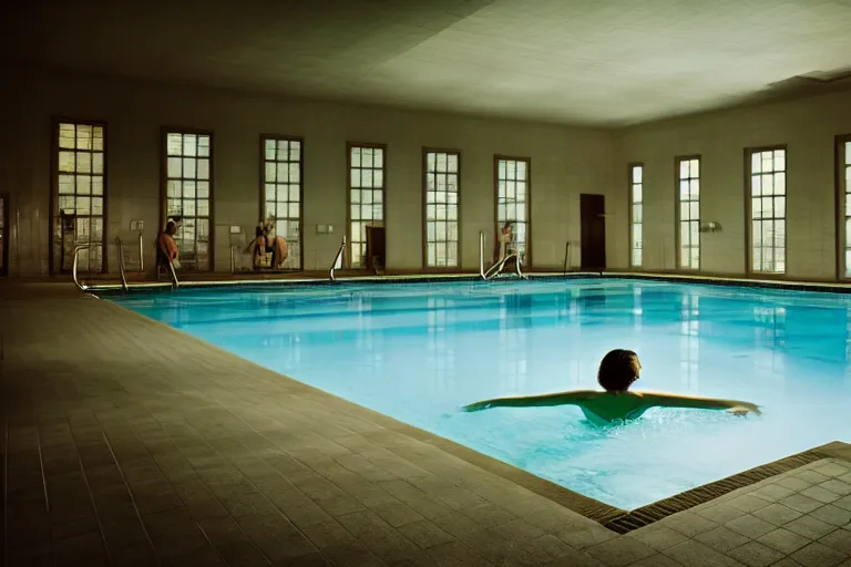 Image similar to portrait at an indoor swimming pool, photography by gregory crewdson, cinematic, elegant, real dlsr photography, sharp focus, 4 k, ultra hd, sense of awe