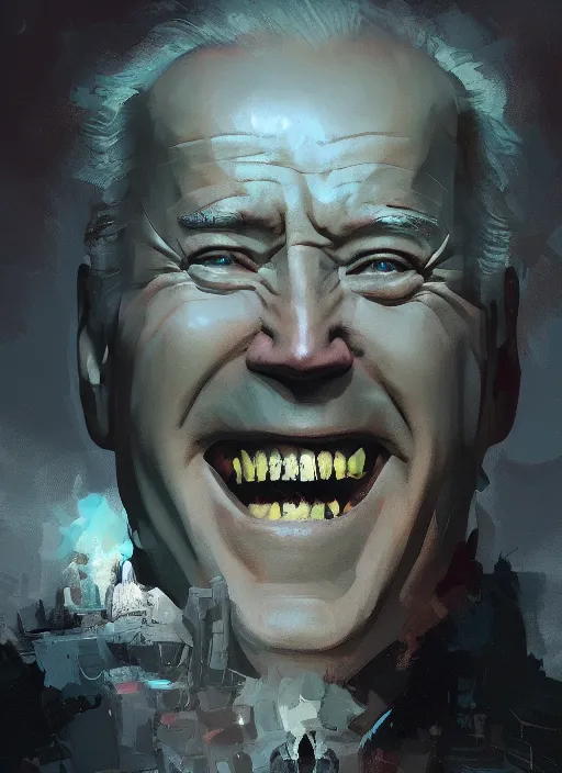 Image similar to Joe Biden grinning emperor of the world, high contrast, cosmic horror, abstract, masterpiece, trending on ArtStation, by Greg Rutkovski and by Craig Mullins and by David Cronenberg and by Ismail Inceoglu