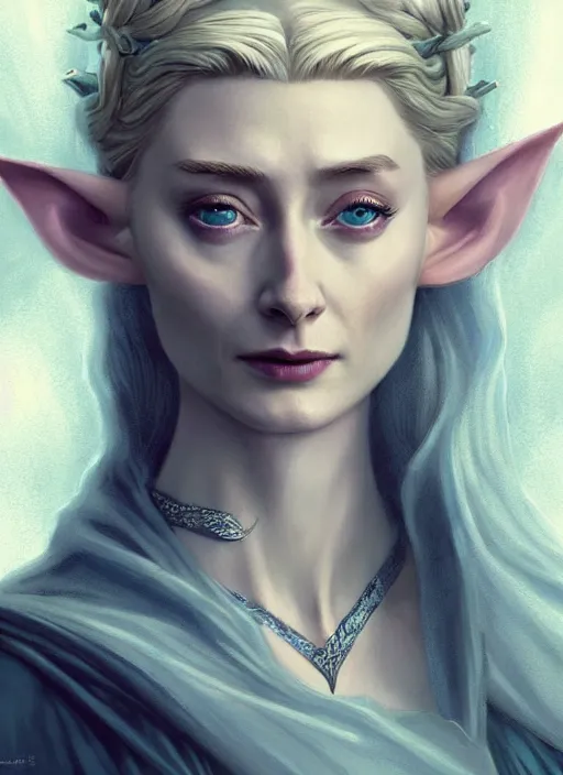 Image similar to beautiful elf elizabeth debicki as galadriel, lord of the rings, lotr fanart, trending on artstation, character art, the hobbit, digital painting, concept art, smooth, sharp focus, illustration, art by artgerm and greg rutkowski, radiant light,