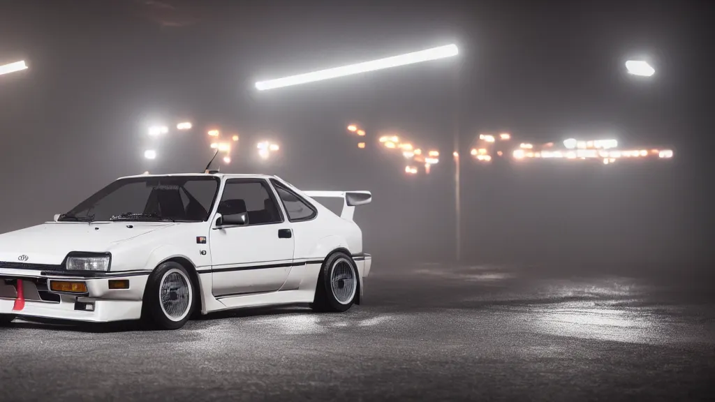 Image similar to a 1 9 8 3 takumi fujiwara's toyota ae 8 6 with carbon hood from initial d anime, cinematic, nikon d 7 5 0, long exposure, white balance, 8 k, led, lumen global illumination, fog, ray tracing reflections, fxaa, rtx, post - production