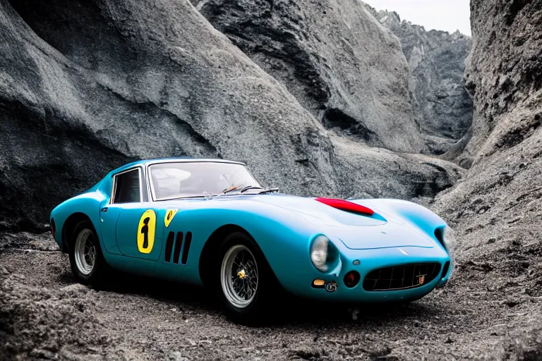 Image similar to cinematography of Ferrari 250 GTO series 2 in a blue glacier cave by Emmanuel Lubezki