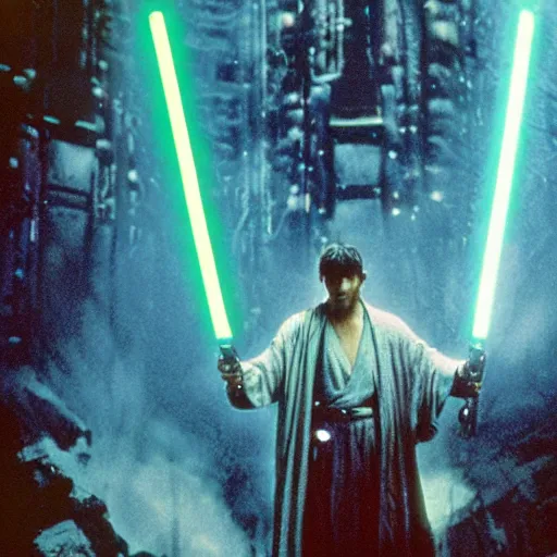 Prompt: 35mm film still jedi training with laser sword on an epic mountain, blade runner set in a rainy tropical forest, cool colors, moody, by Alex grey