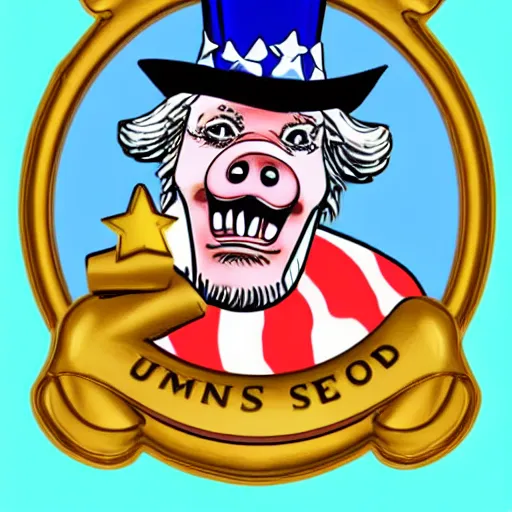 Image similar to uncle sam with a pig face wearing a gold crown