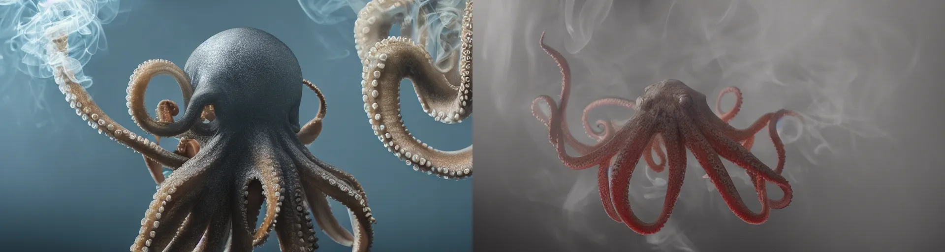 Prompt: an octopus in a smokey room smoke curling around the beak, 4k, realistic lighting, surface reflections, very hazy room