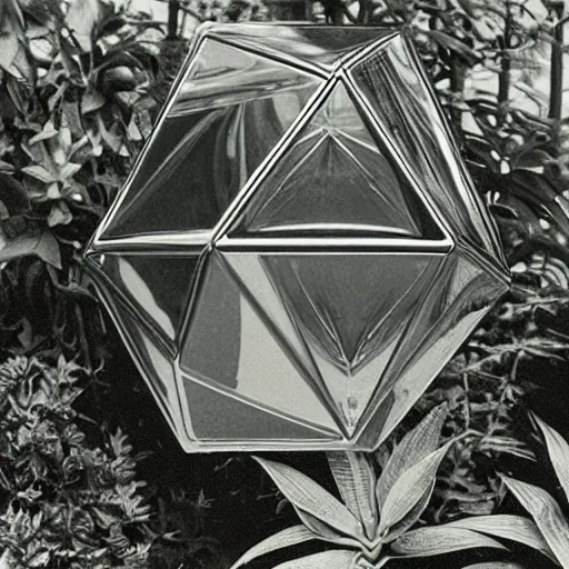 Image similar to grainy Polaroid film photograph of a highly reflective chrome octahedron in a tropical greenhouse. super resolution. surreal. Extremely detailed. Polaroid 600 film. by Annie Leibovitz and Richard Avedon