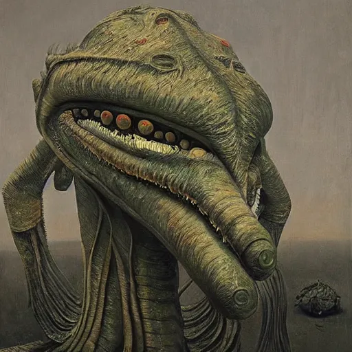 Prompt: A scary, uncanny, unnerving oil painting of a strange alien creature by Max Ernst and Maciej Rebisz