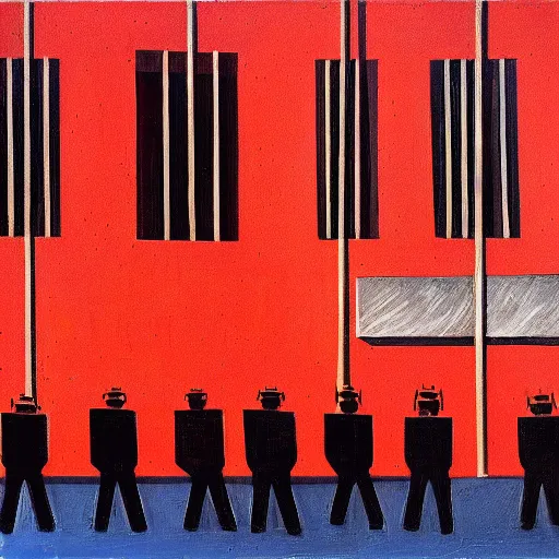 Prompt: red robots queue up in a drab brutalist town, street elevation, grant wood, pj crook, edward hopper, oil on canvas