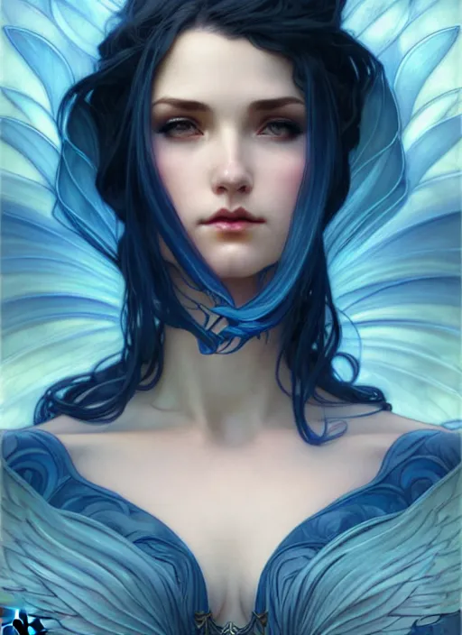 Prompt: a beautiful cinematic female archangel queen, fantasy sea landscape, fantasy magic, short aqua blue black fade hair, dark light night, intricate, elegant, sharp focus, illustration, highly detailed, digital painting, concept art, matte, art by WLOP and Artgerm and and Alphonse Mucha, masterpiece