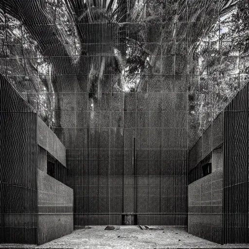 Prompt: hyperrealistic highdetailed abandoned modern church by tadao ando in the tropical wood, palms, overgrown place, predators guarding, mystic, melancholy, pinhole analogue photo quality, lomography, scratches on photo, noise effect, blur effect, monochrome