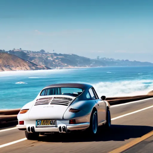 Image similar to an action photograph of a singer porsche driving along the pacific coast highway, ocean in the background, 8 k,