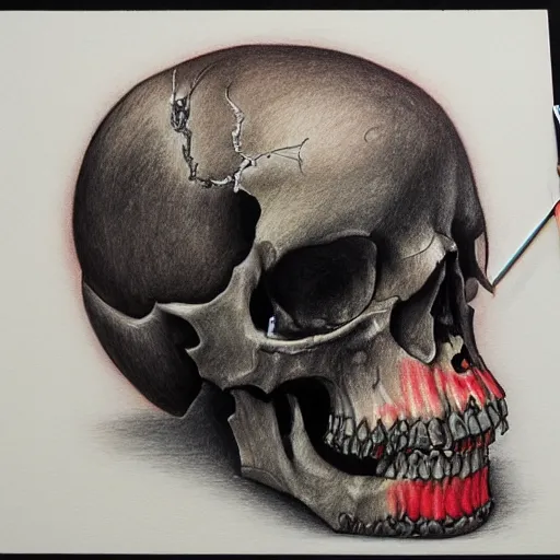 Image similar to a blend of death and life, color pencil drawing, maximalist, black background