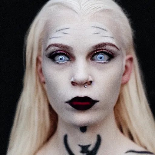 Image similar to portrait of an albino in front of a white background, blonde hair and eyebrows, face tattoo, cinematic lightin