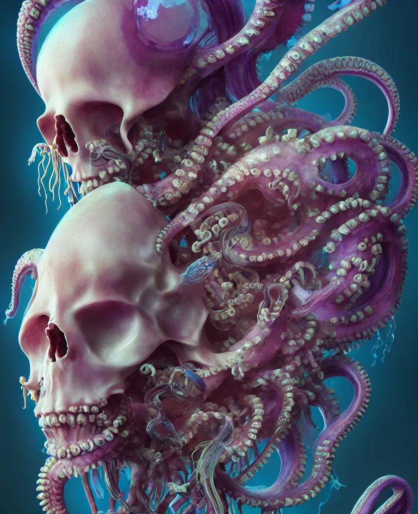 Image similar to goddess close - up portrait human skeleton, ram skull, octopus, jellyfish, orchid, betta fish, bioluminiscent, intricate artwork by tooth wu and wlop and beeple. octane render, trending on artstation, greg rutkowski very coherent symmetrical artwork. cinematic, hyper realism, high detail, octane render, 8 k