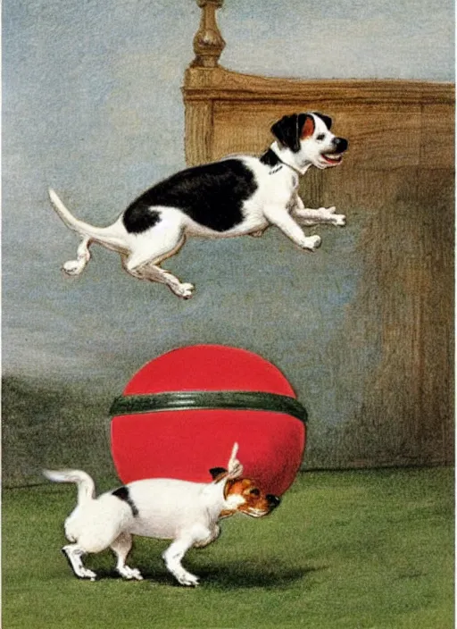 Image similar to jack russel terrier jumping on red ball, illustrated by peggy fortnum and beatrix potter and sir john tenniel