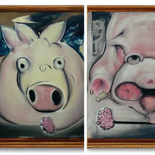 Image similar to “pig paintings and pig sculptures in a pig art gallery, pork, ikebana white flowers, white wax dripping, squashed raspberry stains, acrylic and spray paint and oilstick on canvas, by munch and Dali”