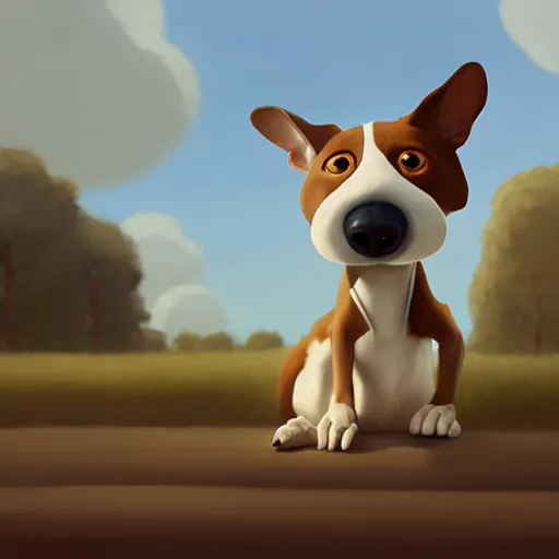 Image similar to Goro Fujita illustrating an extremely realistic photograph of a brown and white dog, with long ears, a small nose and wide eyes, by Goro Fujita, concept art, sharp focus, highly detailed, ArtStation