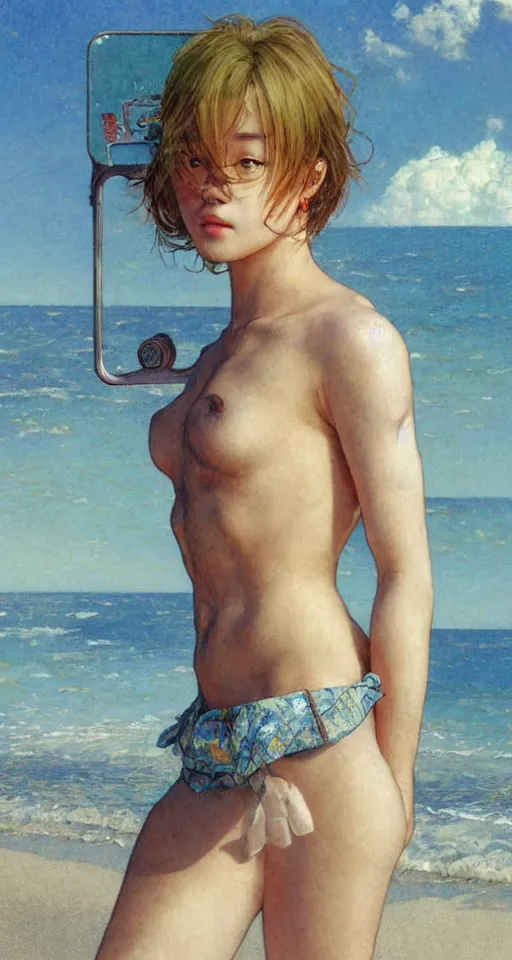 Image similar to jimin in shorts, beach, sun shining, (SFW) safe for work, photo realistic illustration by greg rutkowski, thomas kindkade, alphonse mucha, loish, norman rockwell