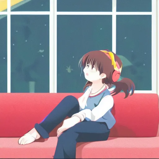 Prompt: girl sits on the sofa and listens to music, the sun shines through the window, by kyoto animation