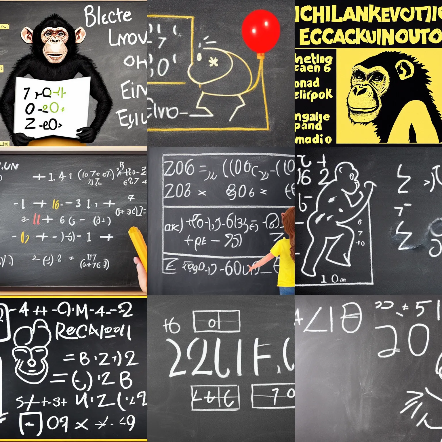 Prompt: chimpanzee scientist teaching evolution equations blackboard chalkboard