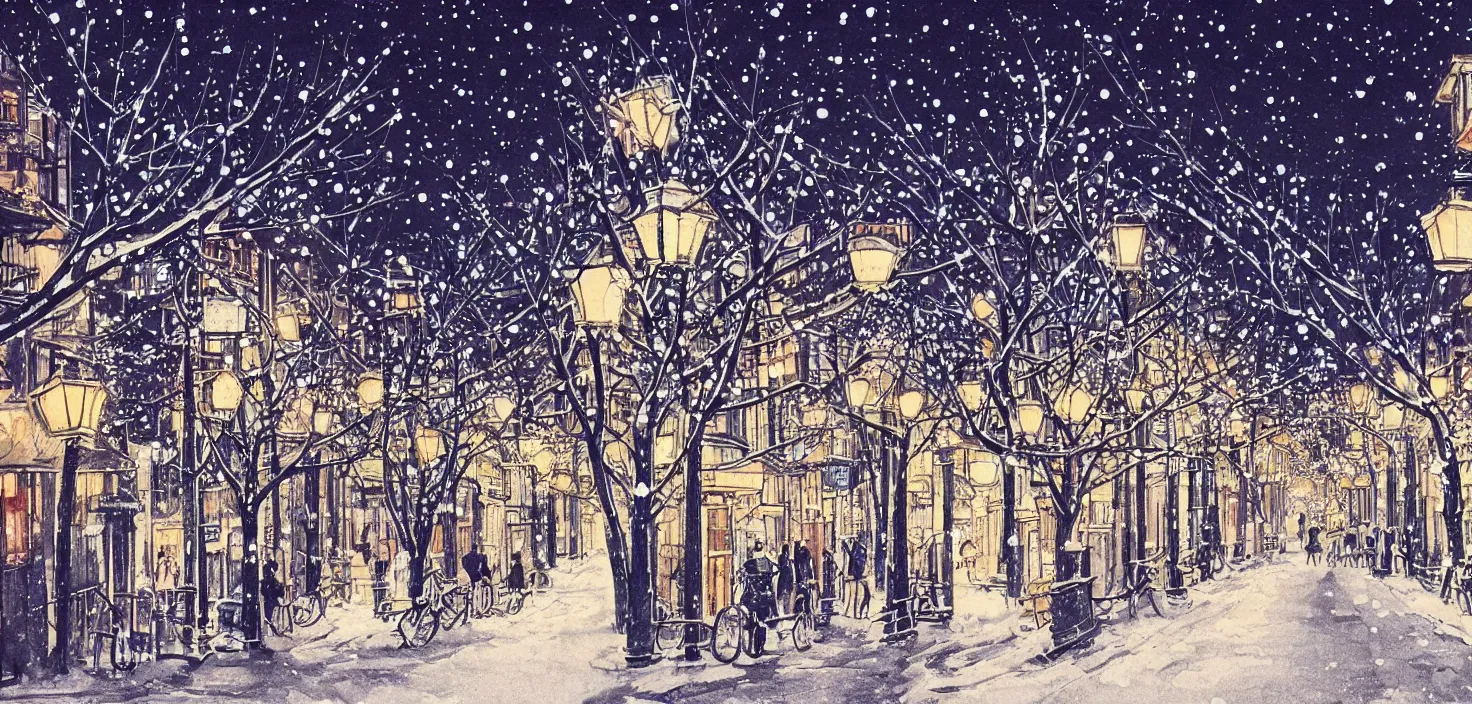 Image similar to beautiful illustration of kyoto streets at night, winter, illuminated by globe street lamps