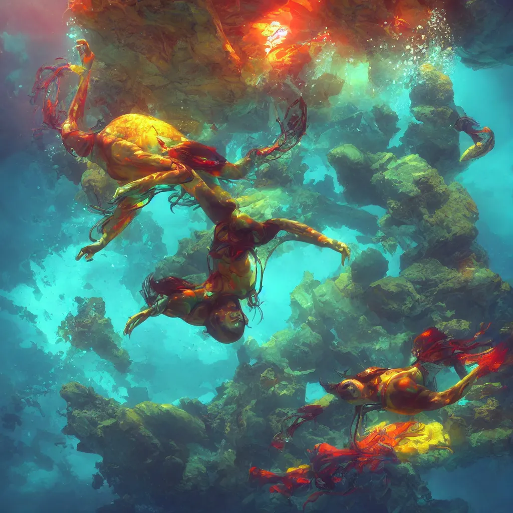 Image similar to man underwater floating, vivid colors, sharp focus, digital art, Unreal Engine, Dramatic Lighting by Brom, trending on Artstation