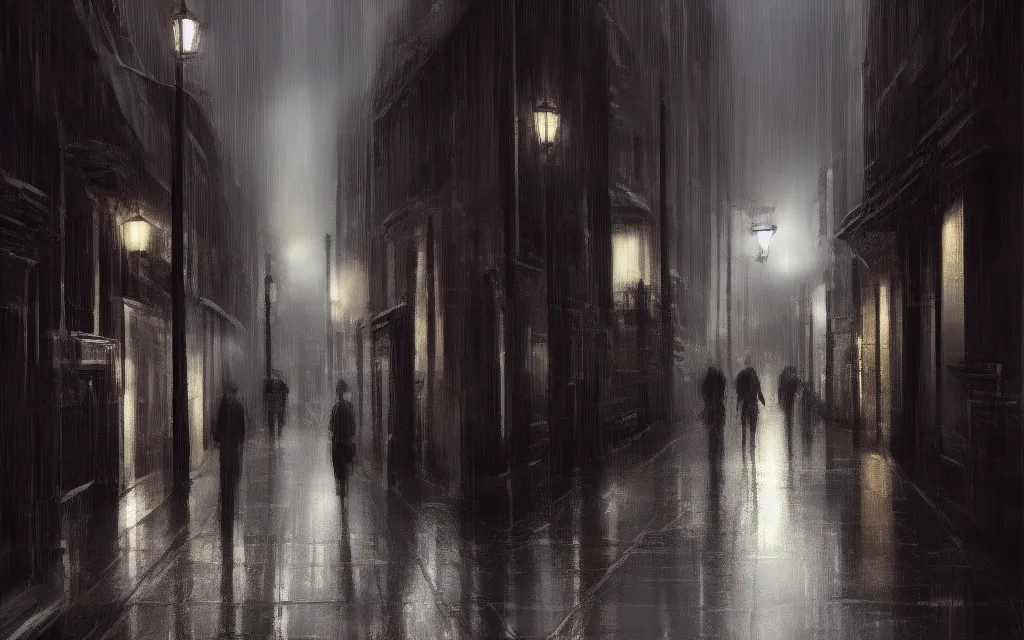 Image similar to concept art, dark wet london alley at night, by ashley wood, by roger deakins, in the style of syd mead atmospheric