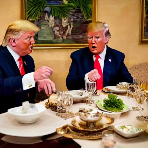 Image similar to Trump and Biden having dinner at a fancy Balinese restaurant, award winning photography, 85mm, perfect faces