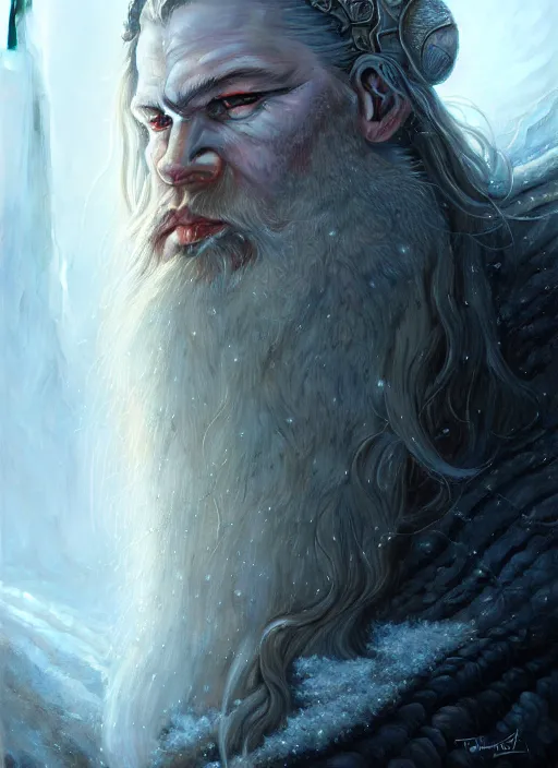 Image similar to closeup portrait shot of a snow viking in a scenic dystopian environment, intricate, elegant, highly detailed, centered, digital painting, artstation, concept art, smooth, sharp focus, illustration, artgerm, tomasz alen kopera, peter mohrbacher, donato giancola, joseph christian leyendecker, wlop, boris vallejo