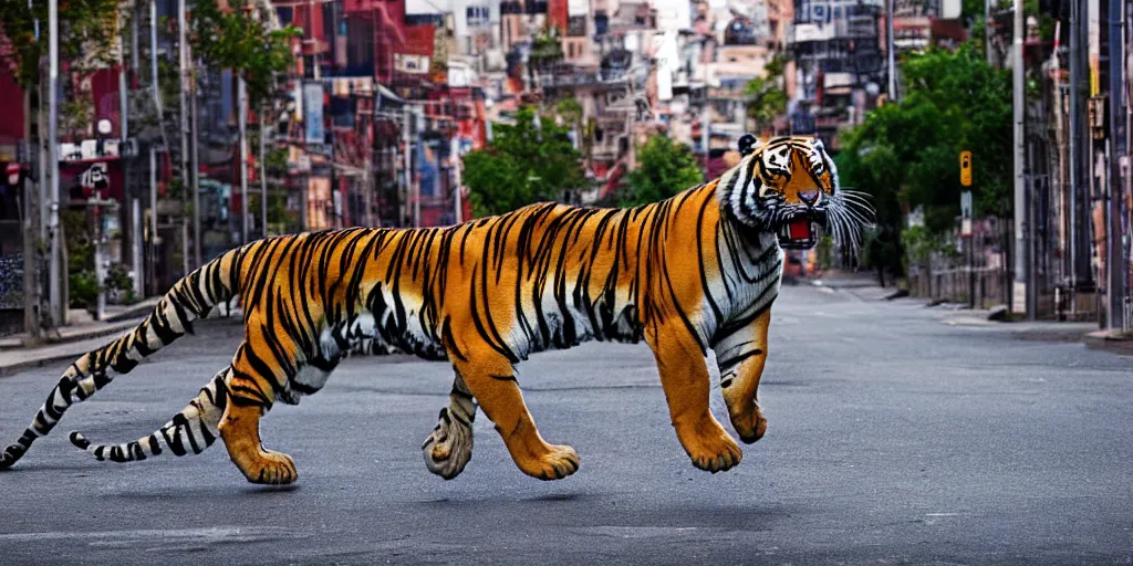 Image similar to tiger king in full speed in a empty street, kieth thomsen
