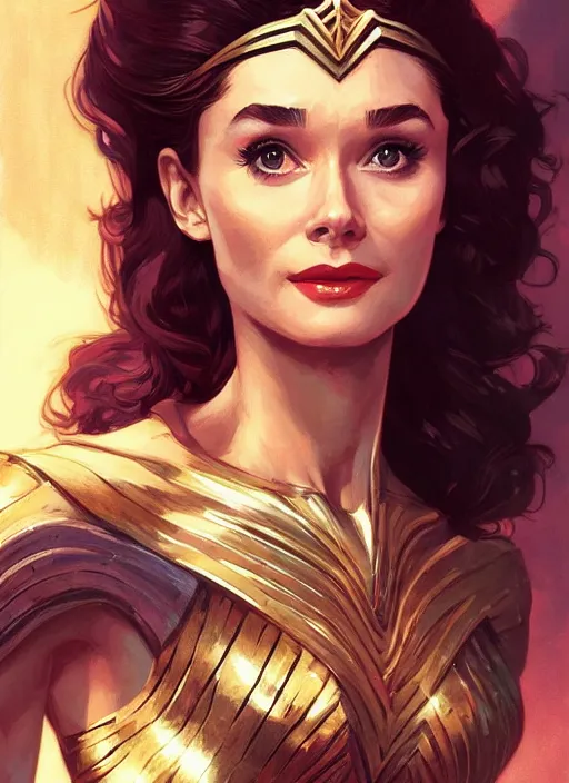 Image similar to Audrey Hepburn as wonder woman, fantasy, intricate, elegant, highly detailed, digital painting, artstation, concept art, smooth, sharp focus, illustration, art by artgerm and greg rutkowski and alphonse mucha