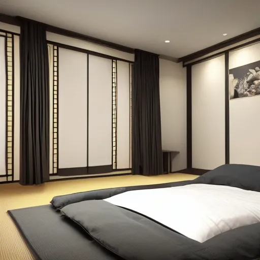 Prompt: still photo of a japanese master bed room, highly detailed, photorealistic portrait, bright studio setting, studio lighting, crisp quality and light reflections, unreal engine 5 quality render