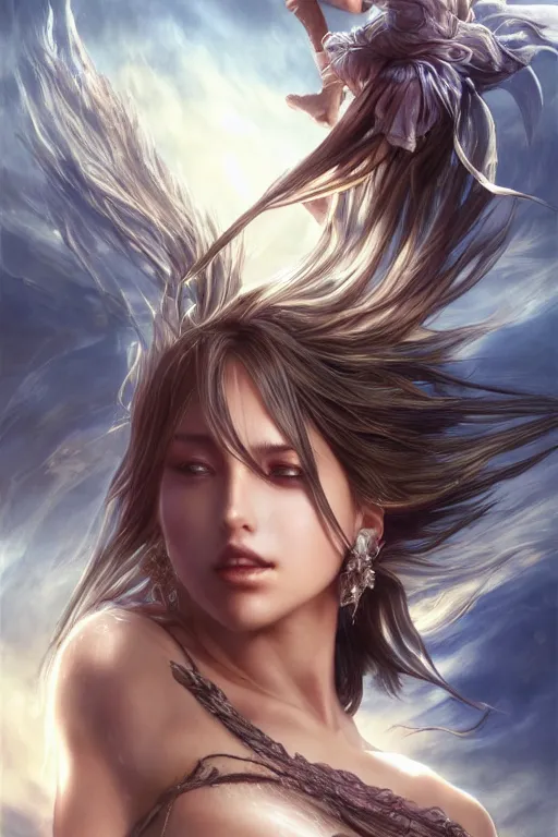Image similar to seductive looking final fantasy x, windy hair!!, screaming, surreal dark fantasy, cinematic volumetric lights, full body portrait, dnd, intricate, elegant, highly detailed, digital painting, artstation, concept art, smooth, sharp focus, illustration, art by artgerm and tom bagshaw and greg rutkowski and alphonse mucha