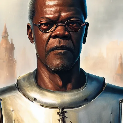 Image similar to closeup portrait of a young samuel jackson as a medieval knight, city background, dramatic light, gorgeous view, depth, high detail, digital art, painted by greg rutkowski, trending on artstation