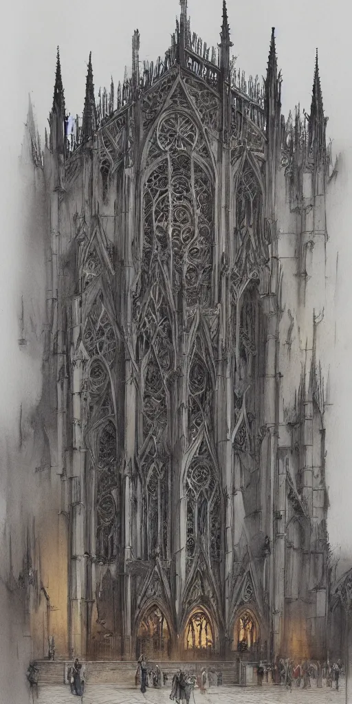 Prompt: A beautiful watercolor of the most emblematic facade of gothic, by albert kiefer, octane render, extremely detailed, architecture drawing, drawing, line drawing, pastel color, people, trending on artstation