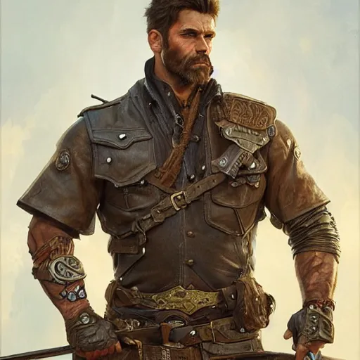 Image similar to portrait of a rugged ranger, handsome, muscular, half body, leather, smirk, fantasy, intricate, elegant, highly detailed, digital painting, artstation, concept art, smooth, sharp focus, illustration, art by artgerm and greg rutkowski and alphonse mucha